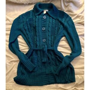 TC Fashion Cardigan Women XXL‎ Teal Blue Cable Knit Belted Button Up Sweater
